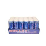 A Clear glass filled with Bullet Energy drink ,