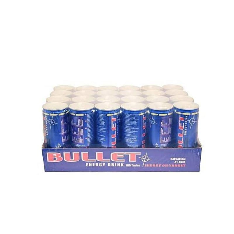 A Clear glass filled with Bullet Energy drink ,