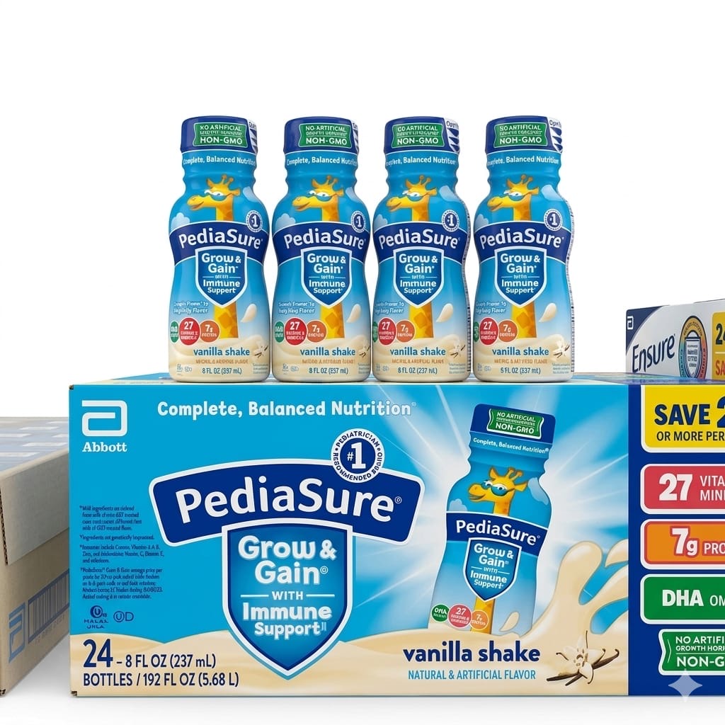 A 24-count case of PediaSure Grow & Gain with Immune Support Vanilla Shake bottles from Abbott