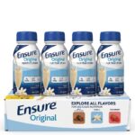 A bottle of Ensure Original Vanilla Nutrition Shake next to fresh ingredients on a clean kitchen counter, highlighting the 9g protein label.
