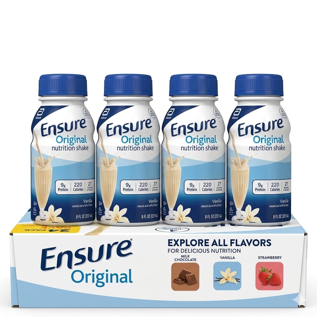 A bottle of Ensure Original Vanilla Nutrition Shake next to fresh ingredients on a clean kitchen counter, highlighting the 9g protein label.