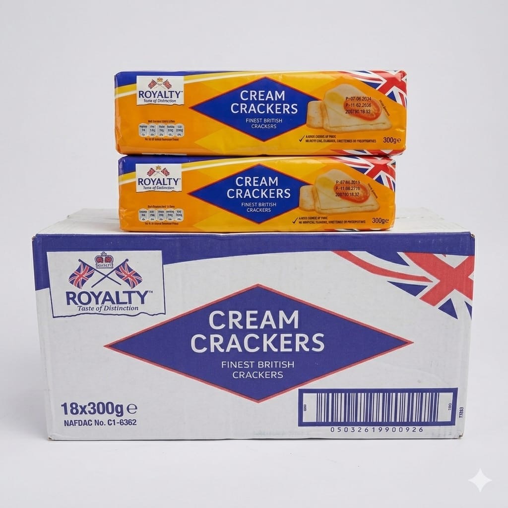 Royalties Cream Crackers | Classic Crispy Biscuit Snacks A stack of crispy Royalties Cream Crackers biscuits
