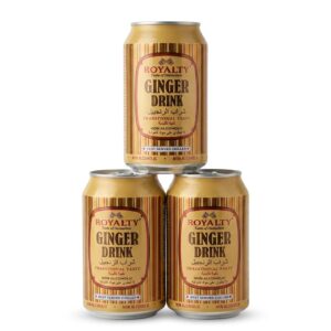 Three gold cans of Royalty Non-Alcoholic Ginger Drink stacked in a pyramid against a clean white background, showcasing the traditional English and Arabic labeling