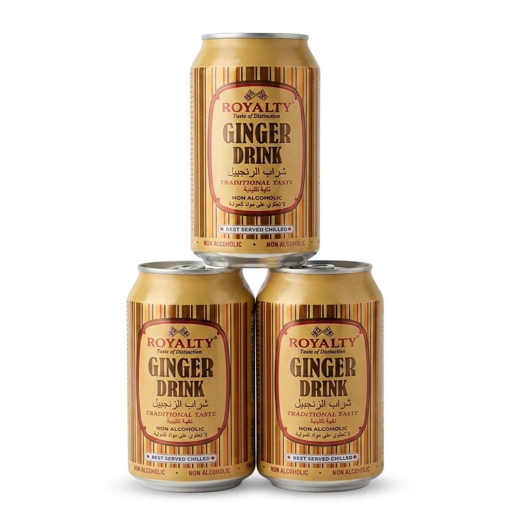 Three gold cans of Royalty Non-Alcoholic Ginger Drink stacked in a pyramid against a clean white background, showcasing the traditional English and Arabic labeling