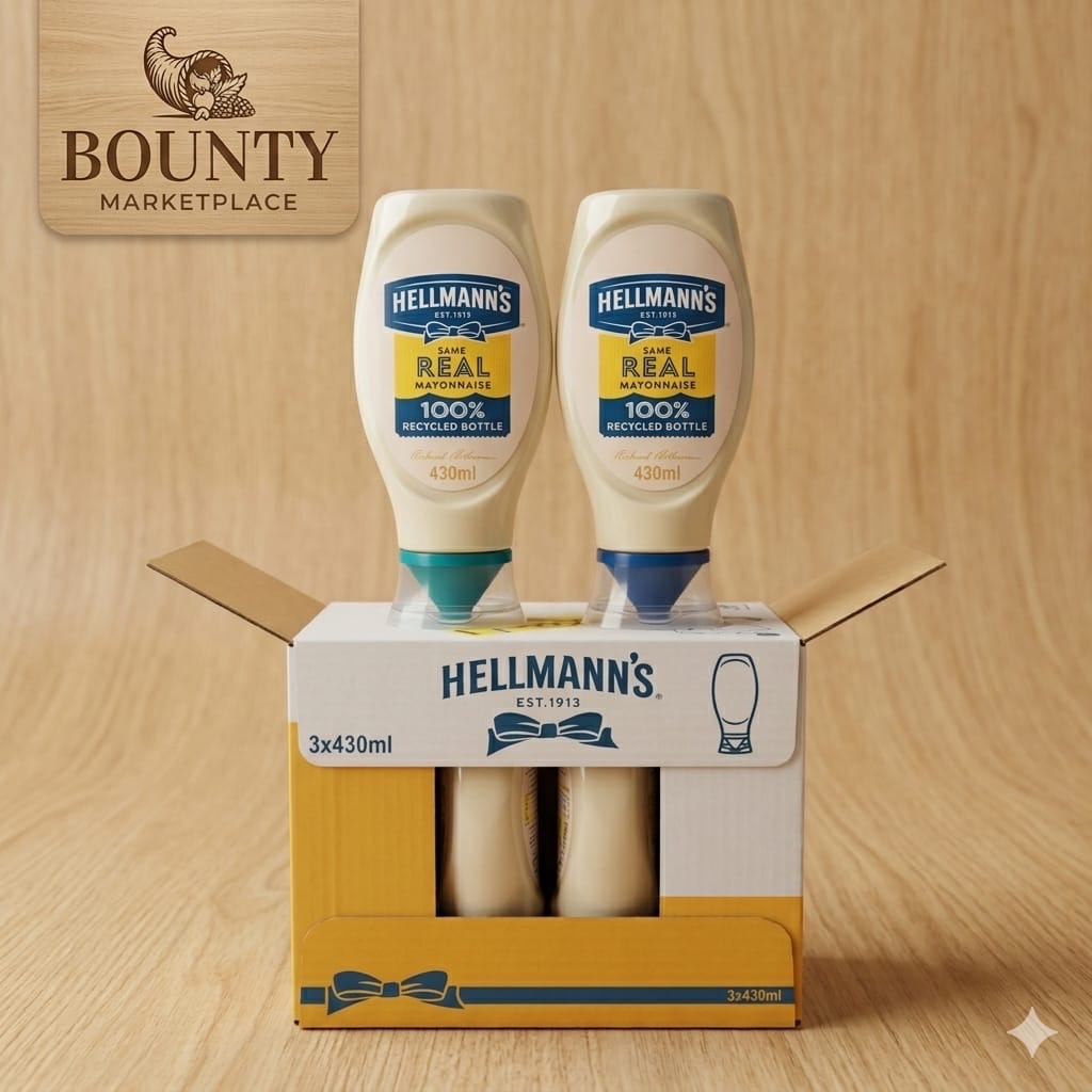 Hellmann's Real Mayonnaise Squeezy Bottle (430mL) – Premium Creamy Mayo Two top-down squeeze bottles of Hellmann's Real Mayonnaise (430mL)