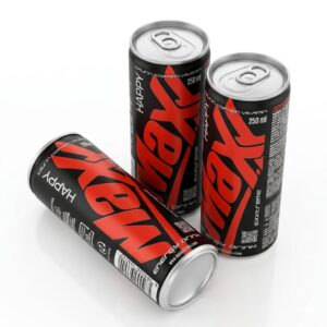Happy Max Energy Drink sleek aluminum can surrounded by refreshing ice cubes.