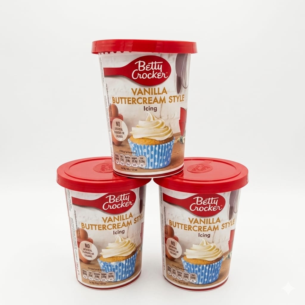 Betty Crocker vanilla buttercream style icing 6x 400g A three tier stack of Betty Crocker vanilla buttercream style icing ,
